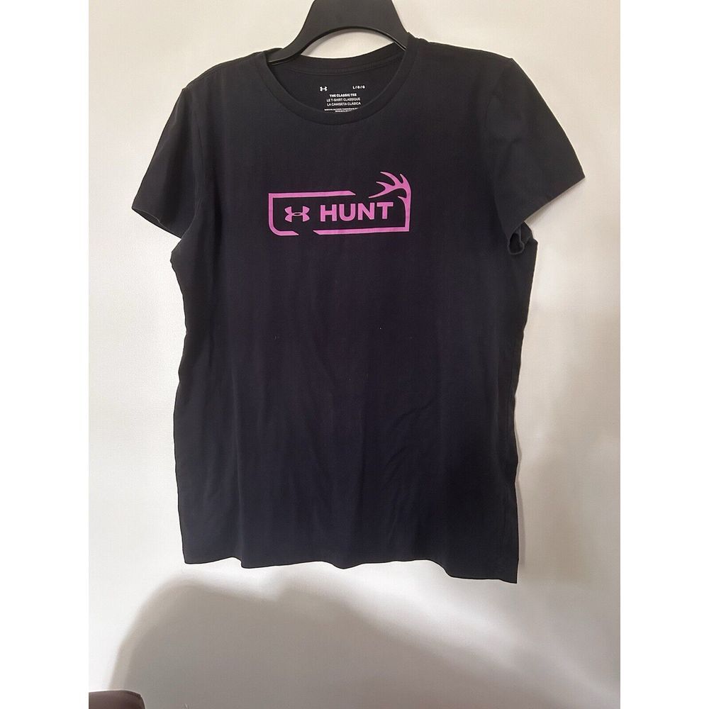 Under Armour Women's Hunt Classic Tee T Shirt‎ Black With Pink Letters Large L